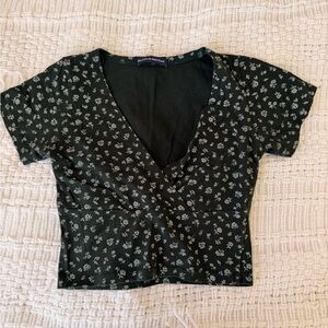 Brandy Melville Dark Green Floral Wrap-Style Crop Top